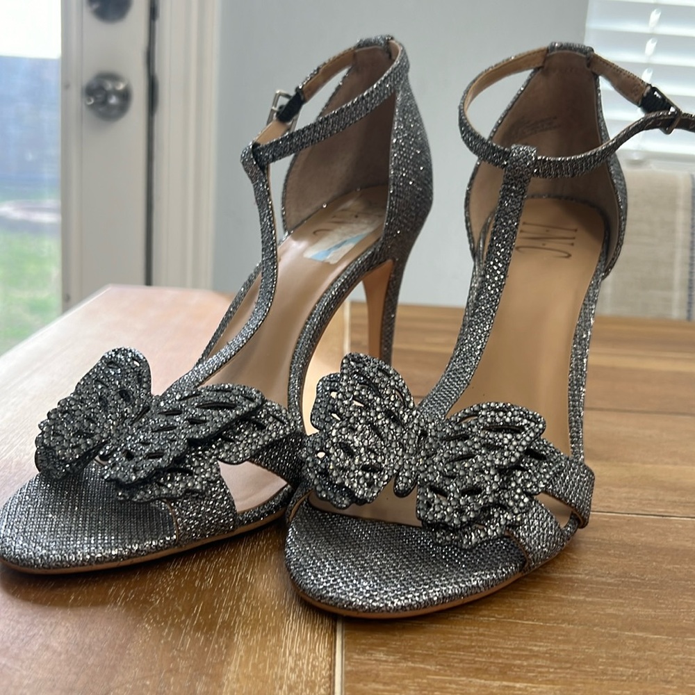 Sparkly formal grey butterfly stilettos